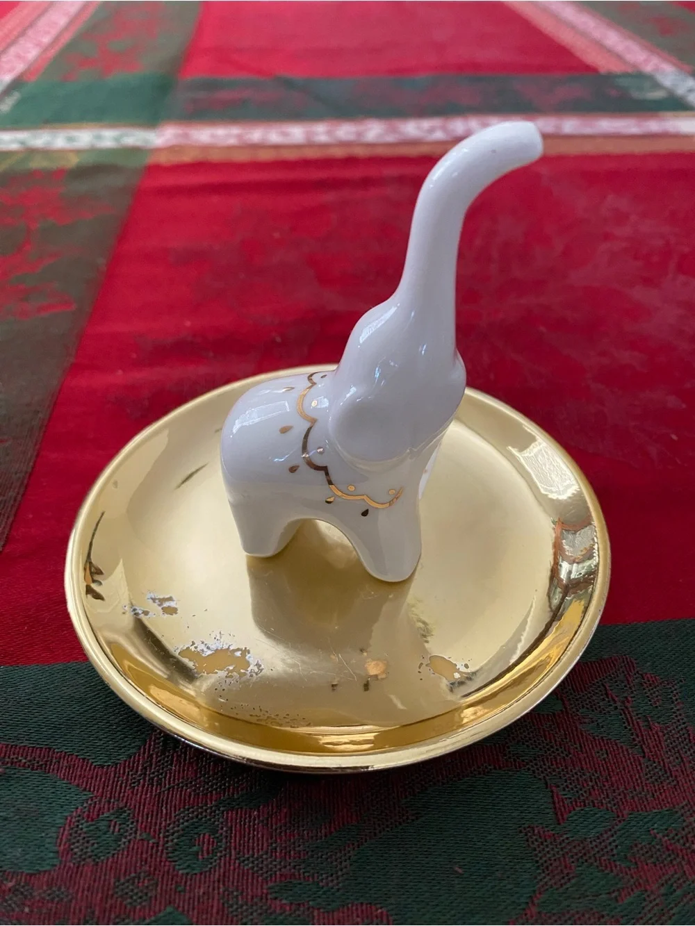 Elephant Ring Trinket Jewelry Holder White Ceramic Gold Base